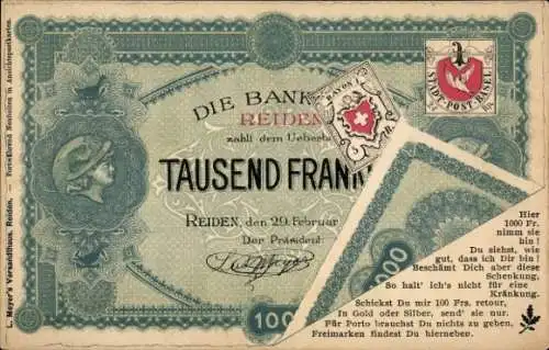 Ak Geldschein, Geld, Tausend Franken
