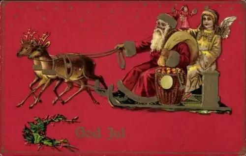 Ak Glückwunsch Weihnachten, Weihnachtsmann, Schlitten, Rentier, Engel