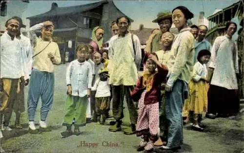 Ak China, fröhliche Bevölkerung, Gruppenbild, Straßenszene