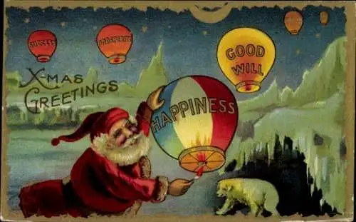 Präge Ak Glückwunsch Weihnachten, Weihnachtsmann, Ballons, Eisbär