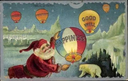 Präge Ak Glückwunsch Weihnachten, Weihnachtsmann, Ballons, Eisbär