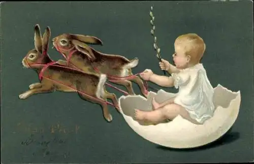 Präge Litho Glückwunsch Ostern, Osterhasen, Eierschale, Kind, Weidenkätzchen