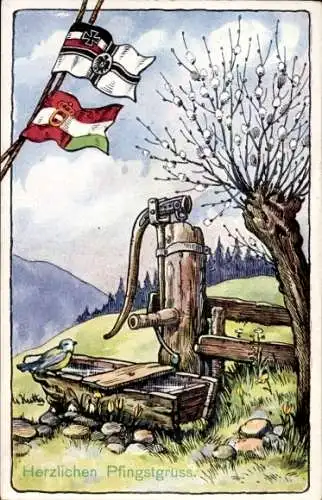 Ak Frohe Pfingsten, Brunnen mit Wasserpumpe, Vogel, Flaggen