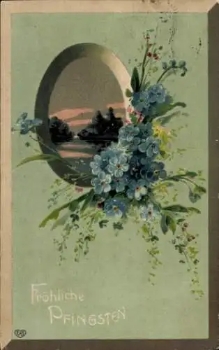 Passepartout Ak Frohe Pfingsten, Landschaftsmotiv, Vergissmeinnicht
