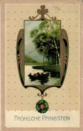Passepartout Ak Frohe Pfingsten, Flussmotiv, Boot