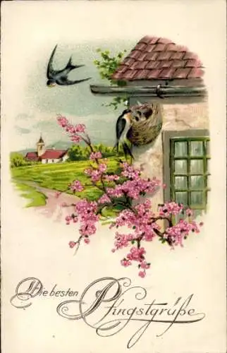 Ak Glückwunsch Pfingsten, Schwalben, Nest