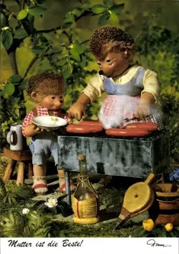 Ak Mecki der Igel, Mutter ist die Beste, Igelfrau grillt Würste, Igelkind