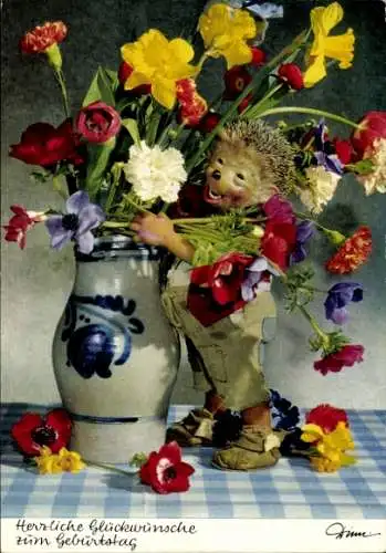 Ak Mecki der Igel, Glückwunsch zum Geburtstag, Blumenstrauß