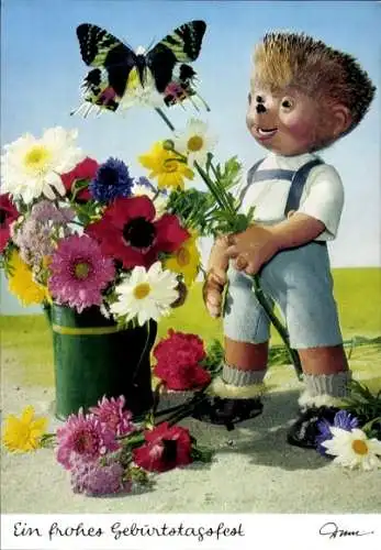 Ak Mecki der Igel, Glückwunsch zum Geburtstag, Igelkind, Blumen, Schmetterling