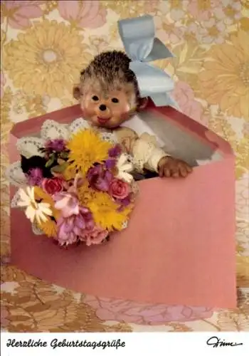 Ak Mecki der Igel, Glückwunsch zum Geburtstag, Igelkind mit Blumen, Briefumschlag