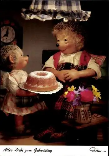 Ak Mecki der Igel, Glückwunsch zum Geburtstag, Igelfrau, Igelkind mit Kuchen