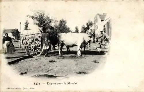 Ak Abfahrt zum Markt, Rinderfuhrwerk