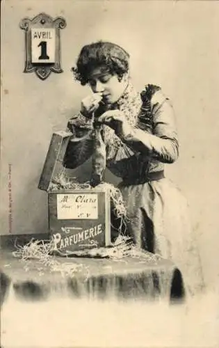 Ak 1. April, Junge Frau, Fisch statt Parfum
