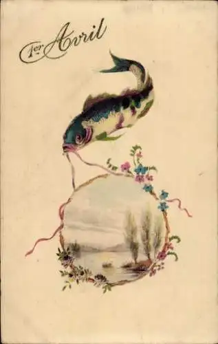 Ak 1. April, Fisch, Landschaftsmotiv