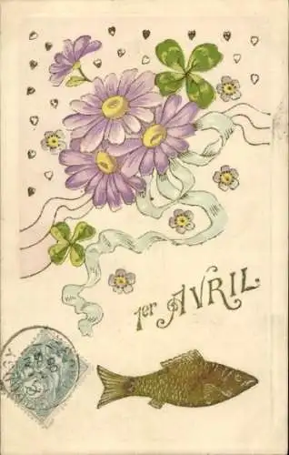 Präge Ak 1. April, Fisch, Blumen