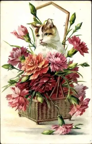 Präge Ak Katze im Blumenkorb