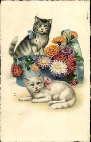 Ak Zwei Katzen, Truhe mit Blumen
