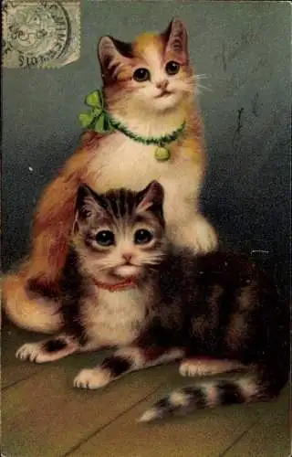 Präge Ak Zwei junge Katzen, Glocke, Schleife