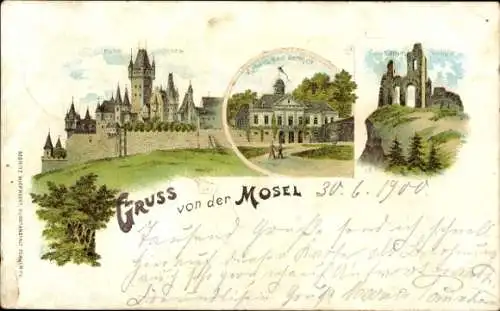 Ak Ehrang Trier an der Mosel, Burgruine, zwei Gebäude, Baum, 'Gruss von der Mosel', Unterschrift