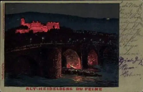 Künstler Ak Heidelberg am Neckar, Brücke bei Nacht