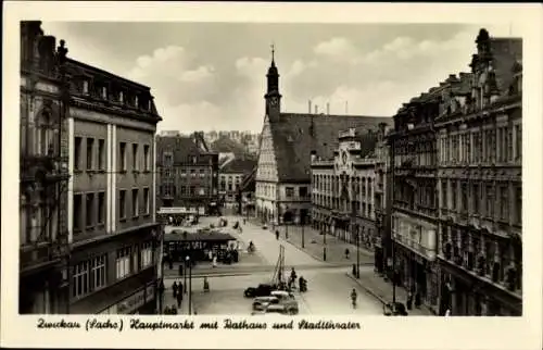 Ak Zwickau in Sachsen, Hauptmarkt, Rathaus, Stadttheater