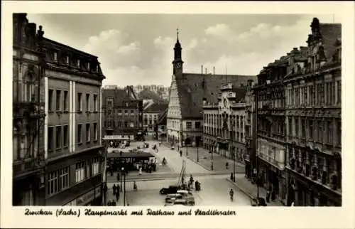 Ak Zwickau in Sachsen, Hauptmarkt, Rathaus, Stadttheater