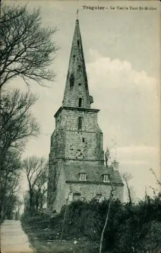 Ak Tréguier Côtes d’Armor, Turm mit Bäumen davor, St-Michel