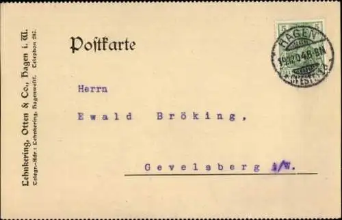 Ak Hagen in Westfalen, Absender: Lehnkering, Otten & Co., Empfänger: Herr Ewald Bröking