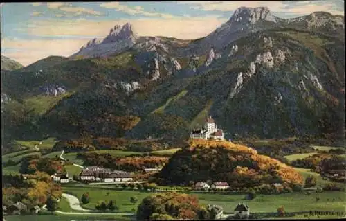 Ak Hohenaschau Aschau im Chiemgau Oberbayern,  Schloss auf einem Berg, umgeben von Bergen