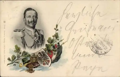 Ak Kaiser Wilhelm II., Porträt in Uniform, Wappen, Eichenlaub