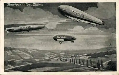 Ak Manöver in den Lüften, Schütte Lanz, Zeppelin, Parseval, Deutscher Luftflotten Verein
