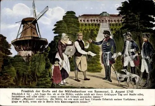Künstler Ak Friedrich der Große und der Mühlenbesitzer von Sanssouci, 2. August 1745