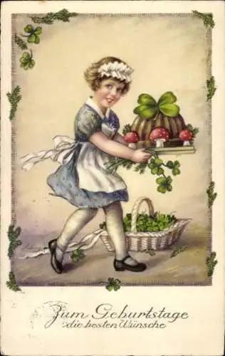 Ak Glückwunsch Geburtstag, Mädchen, Kuchen, Glücksklee, Pilze