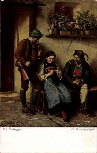 Künstler Ak von Defregger, F., Sonntagsjäger, strickende Frau