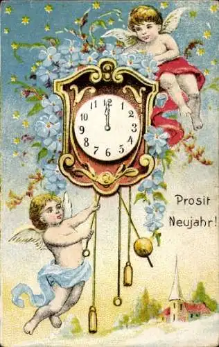 Ak Glückwunsch Neujahr, Engel, Uhr, Vergissmeinnicht