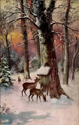 Künstler Ak Wild im winterlichen Wald, Rehe, Werbung Underberg