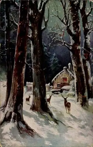 Künstler Ak Wild im winterlichen Wald, Rehe, Hirsch, Wohnhaus, Werbung Underberg