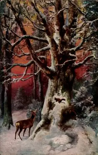 Künstler Ak Wild im winterlichen Wald, Reh, Werbung Underberg