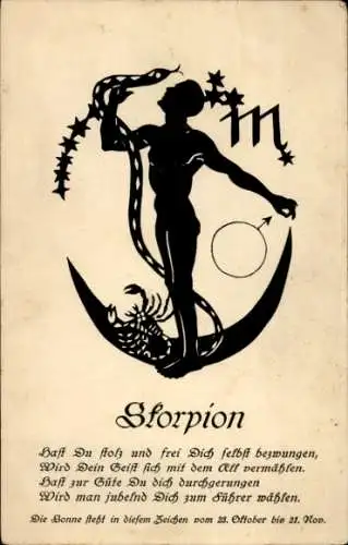 Scherenschnitt Ak Sternzeichen Skorpion, Hast du stolz und frei Dich selbst bezwungen...