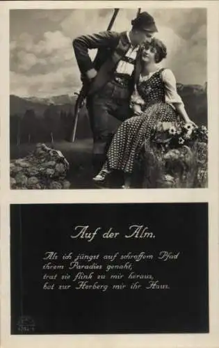 Ak Liebespaar, Jäger, Gewehr, Liebe, Auf der Alm