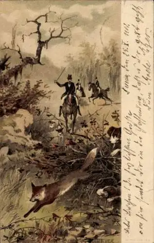 Künstler Litho Jagdszene, Jäger zu Pferde, Jagdhund, Fuchs