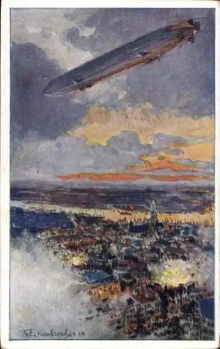 Künstler Ak von Eckenbrecher, Themistokles, Zeppelin über Antwerpen, Schlacht, I. WK