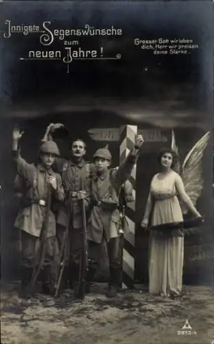 Ak Glückwunsch Neujahr, Deutsche Soldaten in Uniformen, Engel mit Palmzweig, I WK