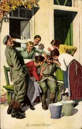 Künstler Ak Immer Fachmann, Militärische Fachausdrücke Nr. 4, Trommelfeuer, Soldaten