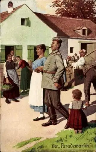 Künstler Ak Der Parademarsch, Soldat stolziert mit Frau durch das Dorf, Immer Fachmann, I. WK