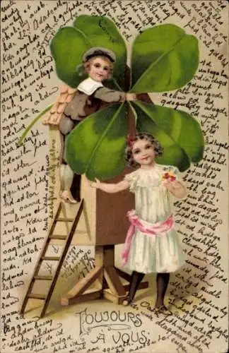 Präge Litho Junge, Mädchen, Kleeblatt, Windmühle