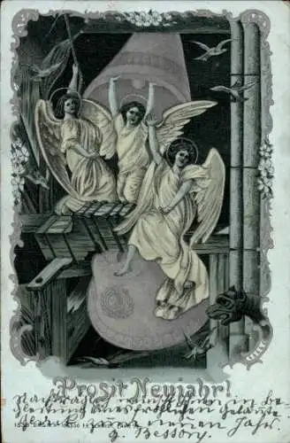 Litho Glückwunsch Neujahr, Engel, Glocke, Wasserspeier