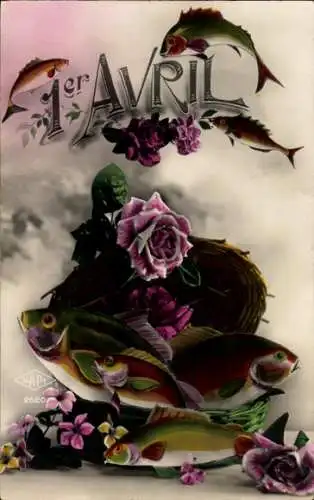 Ak 1. April, Fische, Rosen