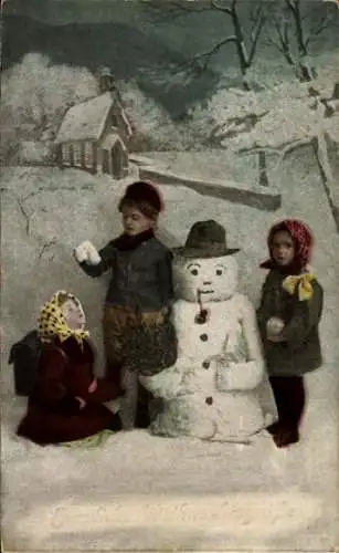 Ak Glückwunsch Weihnachten, Kinder mit Schneemann