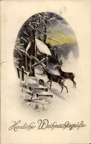 Ak Glückwunsch Weihnachten, Rehe, Schnee, Wald